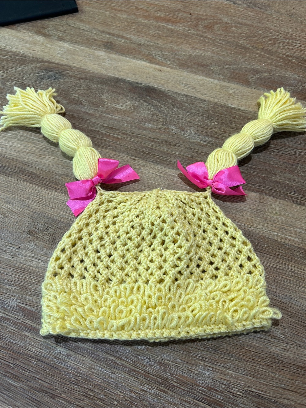Cabbage Patch Kids Yellow Crochet Kids Hat with Pink Bow Tassels